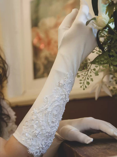 Embroidered Satin Bridal Gloves – Long White Wedding Gloves with Lace Detail